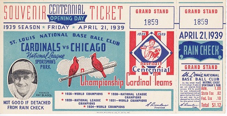 1939 Centennial Opening Day St. Louis Cardinals