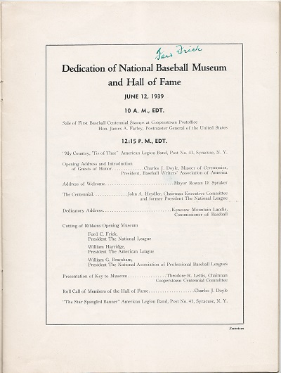Doubleday Field Programs - Dedication of National Baseball Museum June 12th