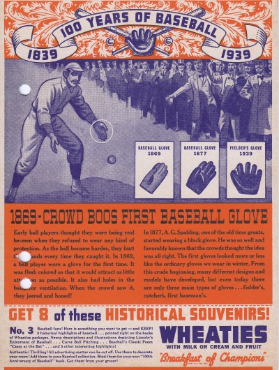 Wheaties Back Panels No. 3 - 1869 First Baseball Glove