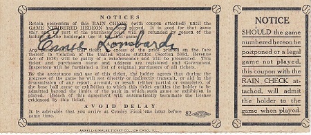 Back of Ticket Autographed by Ernie Lombardi